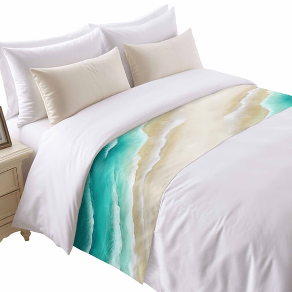 Abstract Beach Bed Runner for Twin Size Bed, Teal Green Beige Ombre Ocean Wave Coastal Sand Soft Bedding Scarf Bedding Protector Slipcover Sofa Throw for Bedroom Hotel Guesthouse