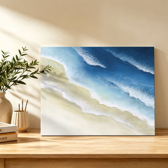 Abstract Beach Canvas Wall Art, Navy Blue Beige Ombre Ocean Wave Coastal Sand Wall Art Prints Artwork Framed Canvas Ready to Hang Art Pictures for Bathroom Bedroom Entry Desk Corner 10" x 8"