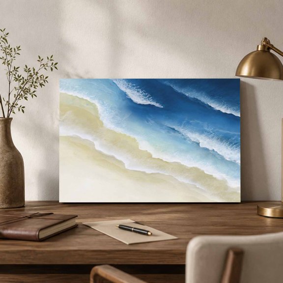 Abstract Beach Canvas Wall Art, Navy Blue Beige Ombre Ocean Wave Coastal Sand Wall Art Prints Artwork Framed Canvas Ready to Hang Art Pictures for Bathroom Nightstand, Narrow Hallway 14" x 11"