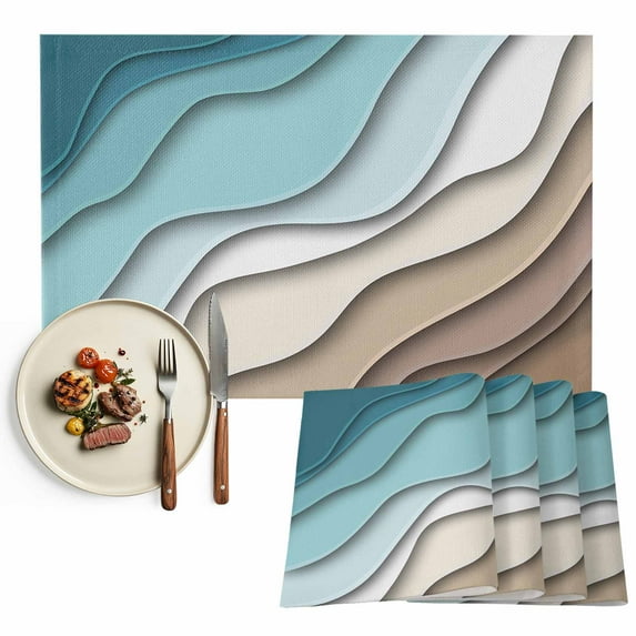 Abstract Beach Coastal Placemats Set of 4, Ombre Teal Brown Geometric Table Mats Washable Heat-Resistant Non-Slip Place Mats for Kitchen Dinner Table Indoor Outdoor Decor,13x19 Inch