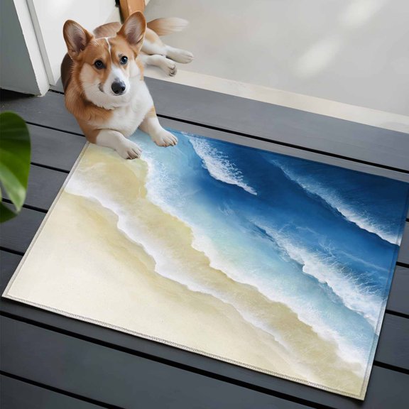 Abstract Beach Front Door Rugs 2x3 ft Navy Blue Beige Ombre Ocean Wave Coastal Sand Small Rug for Entryway Non Slip Washable Bathroom Door Mat Absorbent Floor Mat for Indoor Entrance
