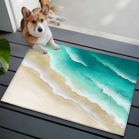 Abstract Beach Front Door Rugs 2x3 ft Teal Green Beige Ombre Ocean Wave Coastal Sand Small Rug for Entryway Non Slip Washable Bathroom Door Mat Absorbent Floor Mat for Indoor Entrance