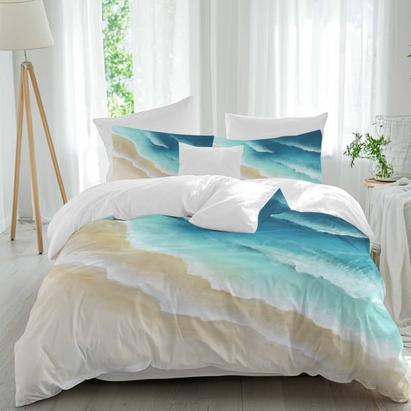 Abstract Beach Full Size Comforter Set, Teal Blue Beige Ombre Ocean Wave Coastal Sand Bedding for All Seasons, 4 Pcs Bed Set, 1Quiltcover (86"x86") ,1Sheet(80"x116"), 2Pillowcases (30"x20")