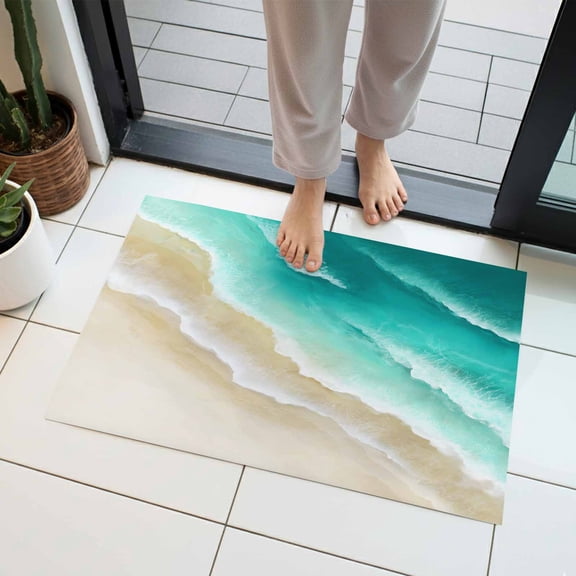 Abstract Beach Indoor Door Mat 16x24 Inch Teal Green Beige Ombre Ocean Wave Coastal Sand Front Door Mat Non Slip Washable Entryway Rug Low Profile Dirt Trapper Doormat for Bathroom Kitchen Bedroom