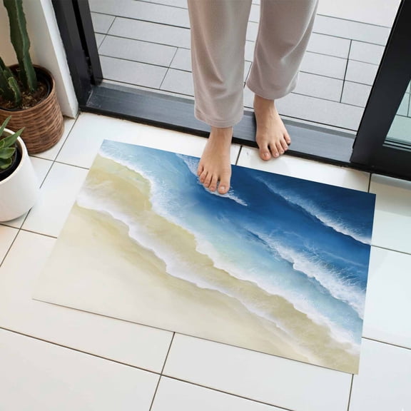 Abstract Beach Indoor Door Mat 18x30 Inch Navy Blue Beige Ombre Ocean Wave Coastal Sand Front Door Mat Non Slip Washable Entryway Rug Low Profile Dirt Trapper Doormat for Bathroom Kitchen Bedroom
