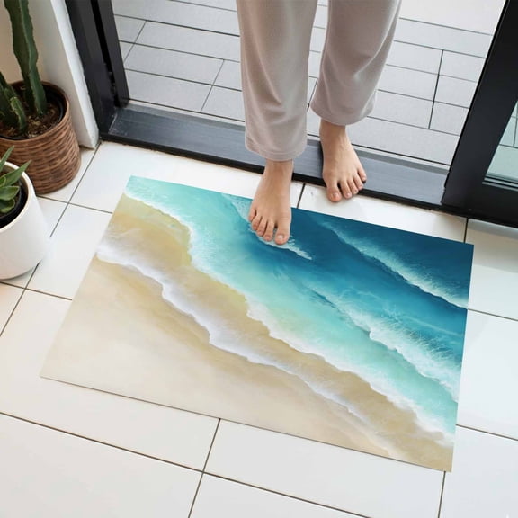 Abstract Beach Indoor Door Mat 18x30 Inch Teal Blue Beige Ombre Ocean Wave Coastal Sand Front Door Mat Non Slip Washable Entryway Rug Low Profile Dirt Trapper Doormat for Bathroom Kitchen Bedroom