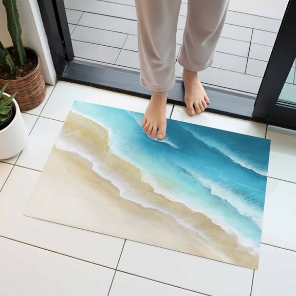 Abstract Beach Indoor Door Mat 20x31.5 Inch Light Blue Beige Ombre Ocean Wave Coastal Sand Front Door Mat Non Slip Washable Entryway Rug Low Profile Dirt Trapper Doormat for Bathroom Kitchen Bedroom