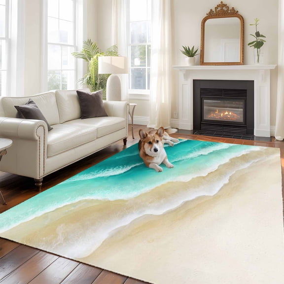 Abstract Beach Large Area Rugs 6x9 ft Teal Green Beige Ombre Ocean Wave Coastal Sand Washable Rug Non Slip Indoor Carpet Absorbent Floor Mat for Living Room Bedroom Dining Room