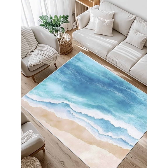 Abstract Beach Ocean Area Rug for Bedroom 4x6 Ft Blue Waves Watercolor Super Soft fuzzy Throw Rug Non-Slip Fluffy Plush Indoor Floor Carpet for Living Room Nursery Home Decor
