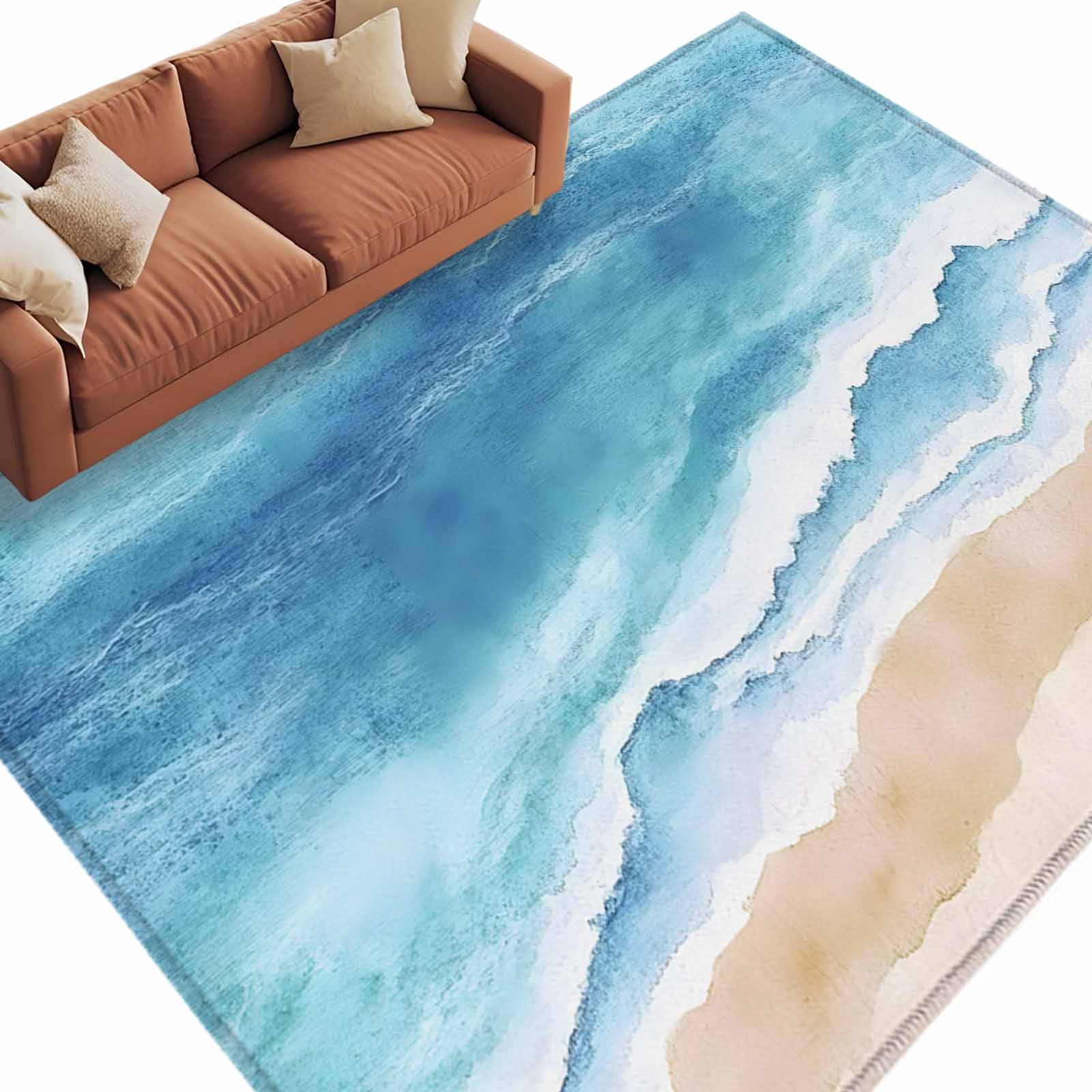 Abstract Beach Ocean Area Rug 5x7ft Blue Waves Watercolor Non-Slip ...