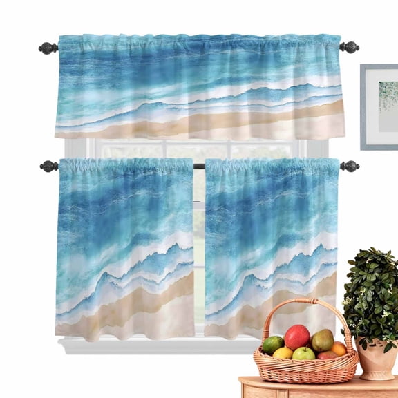 Abstract Beach Ocean Kitchen Curtains Valances 3 Piece Set, Blue Waves Watercolor Rod Pocket Tier Curtain and Valance Drapes for Small Window 24 Inch Length for Bedroom Cafe