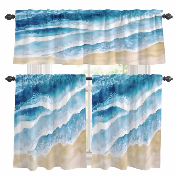 Abstract Beach Ocean Kitchen Curtains Valances and Tiers Set of 3 Blue Gradient Wave Tier Curtains and Valance with Rod Pocket for Small Windows, 27.5"x24"