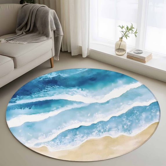 Abstract Beach Ocean Round Living Room Rugs 4 ft, Blue Gradient Wave Washable Area Rug with Non-Slip Sturdy Edge Binding Round Carpet for Entryway Kitchen Bedroom Bathroom