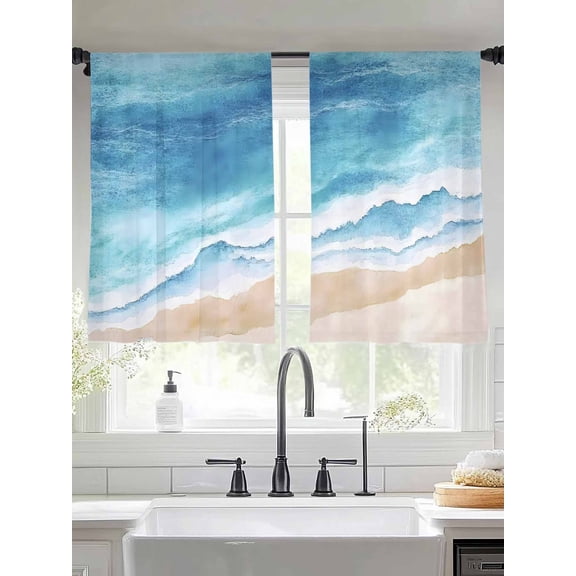 Abstract Beach Ocean Sheer Curtains 54 Inches Long 2 Panels Blue Waves Watercolor Light Filtering Semi Sheer Window Curtains Drapes for Bedroom Living Room 52"x54"