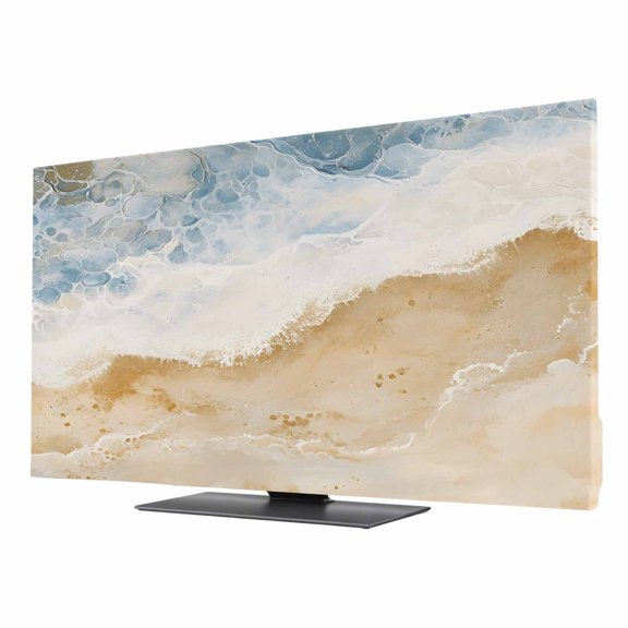 Abstract Beach Ocean TV Dust Cover 24 Inch, Summer Coastal Sea Waves Beige Gradient Computer Monitor Cover Dustproof Stretchable Indoor TV Screen Protector for LED LCD Universal Monitors