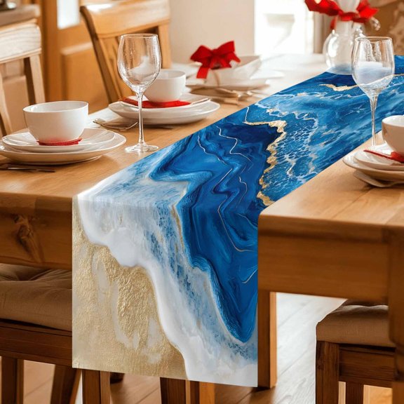 Abstract Beach Ocean Wave Table Runner 36 Inches Long,Kitchen Dining Tablerunners Sea Shore Spray Blue Golden Linen Table Runners Dresser Scarves for Home Dinner Wedding Holiday Party Decor