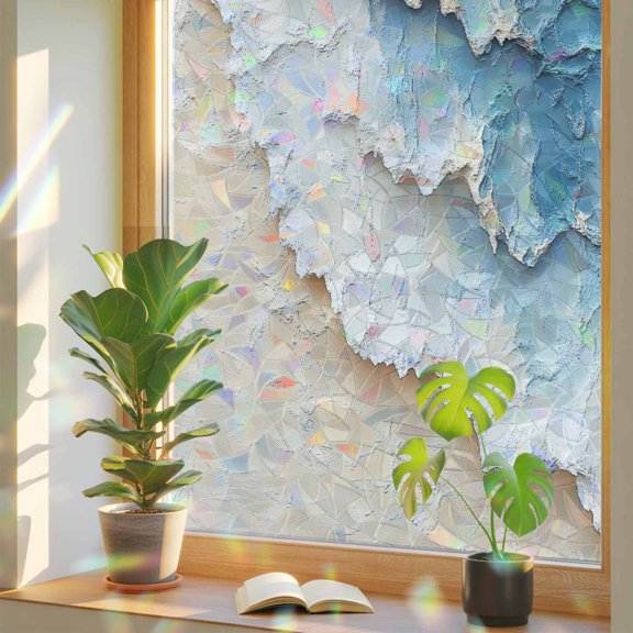 Abstract Beach Ocean Waves Texture Window Privacy Film, Rainbow Film Decorative Window Sticker 17.7x39.3in, Coastal Seaside Sun Blocking Static Stained Glass Cling Tint Non-Adhesive
