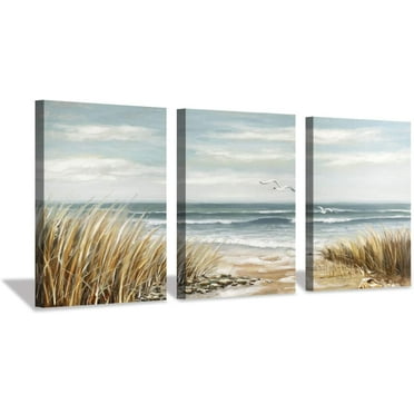 Abstract Beach Picture Wall Art: Coastal Grass Seascape Artwork Print on Canvas for Walls (12”x16”x3pcs)