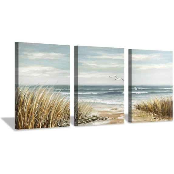 Abstract Beach Picture Wall Art: Coastal Grass Seascape Artwork Print on Canvas for Walls (12”x16”x3pcs)