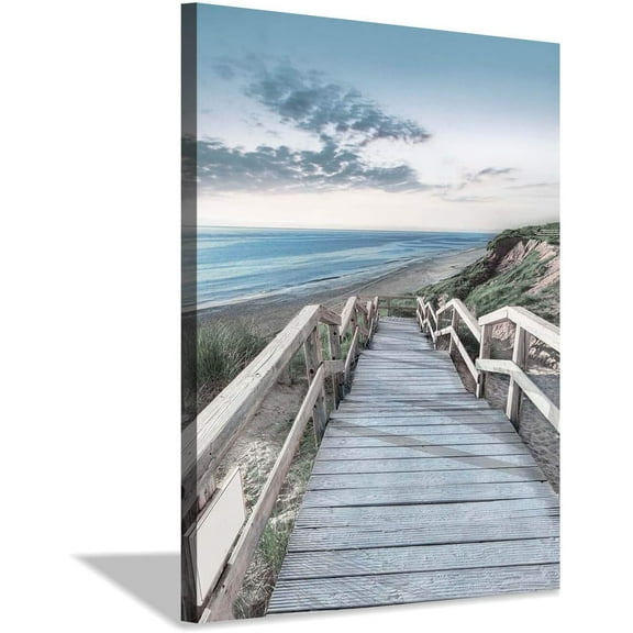 Abstract Beach Picture Wall Art: Sandy Path to Ocean with Sea Grass Artwork Painting for Bedroom