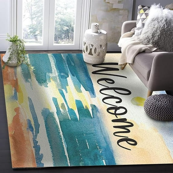 Abstract Beach Scene Area Rug For Living Room Bedroom, Welcome Word Summer Vacation Rectangular Area Rugs Non-Slip Rug Washable Indoor Carpet For Dorm Office 5 x 7ft