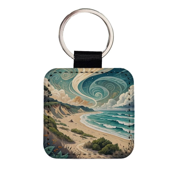 Abstract Beach Shore Landscape Faux Leather Square Keychain