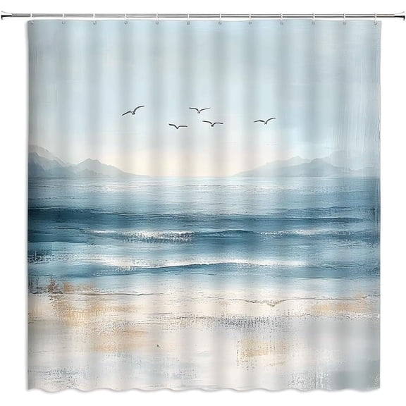 Abstract Beach Shower Curtain Oil Painting Ocean Sea Wave Seagull Mountain Nature Landscape Summer Hawaii Scenery Bathroom Decor Polyester Fabric Curtains with Hook-48"W x 72"L (Pack of 1)