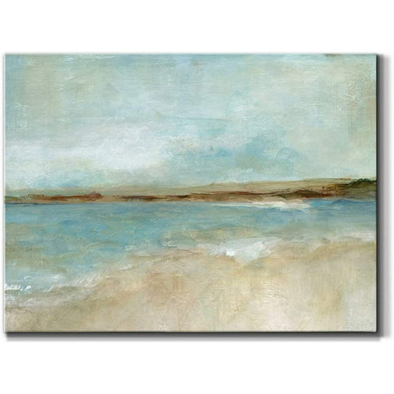 Abstract Beach Wall Art,Golden Sand and Blue Water,Beautiful Relaxing Summer Artwork,Premium Gallery Wrapped Canvas,Ready to Hang,12 in H x 18 in W,Made in America Print