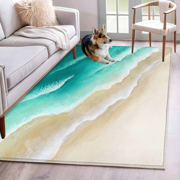 Abstract Beach Washable Area Rugs 4'x6', Teal Green Beige Ombre Ocean Wave Coastal Sand Low Pile Throw Living Room Rug Non-Slip Sturdy Edge Binding Carpet for Indoor Entryway Bedside Kitchen