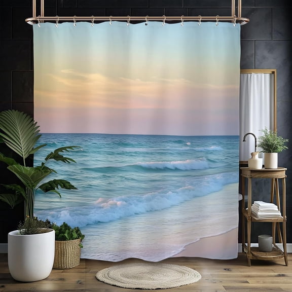 Abstract Beach Waterproof Shower Curtain, Boho Shower Curtain with Hooks, Coastal Beach Shower Curtain Set Ocean Sea Summer Scenery Hawaii Bathroom Decor, Washable 72"W x 72"L (Pack of 1)