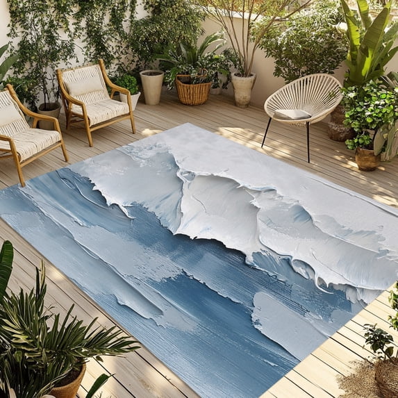 Abstract Beach Wave Art Outdoor Rug, Blue Seaside Oil Painting Style ...