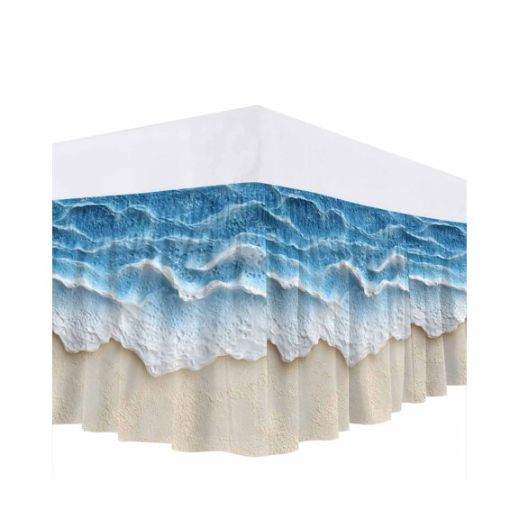 Abstract Beach Wave Bed Skirt Queen Size 16" Drop Watercolor Blue Ocean Decor Ruffled Wrap Around Bed Skirts Adjustable Elastic Bedskirt Dust Ruffle for Queen Size Bed