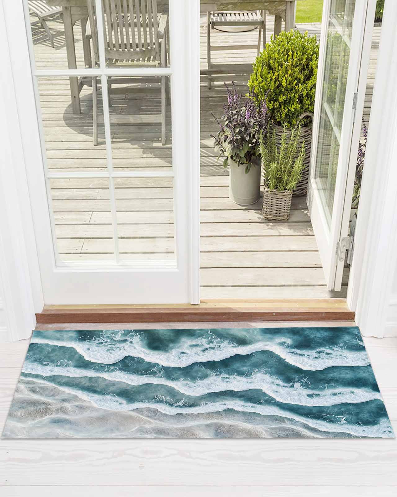Abstract Beach Wave Front Door Mat Watercolor Blue Ocean Welcome ...