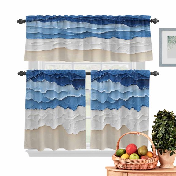 Abstract Beach Wave Kitchen Curtains Valances 3 Piece Set, Watercolor Blue Modern Art Rod Pocket Tier Curtain and Valance Drapes for Small Window 24 Inch Length for Bedroom Cafe