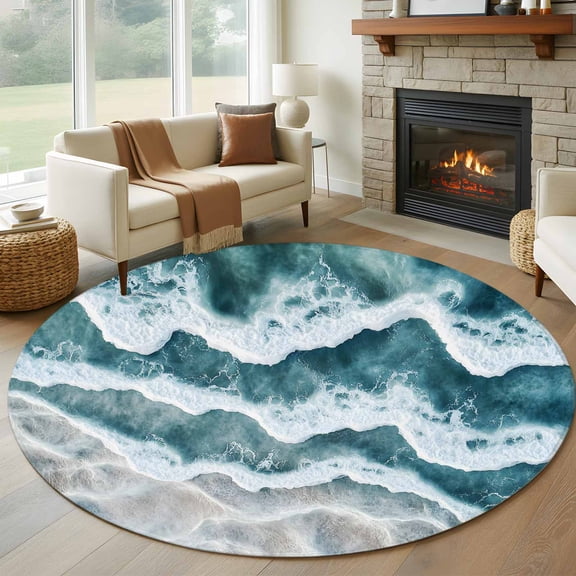 Abstract Beach Wave Round Living Room Rugs 8 ft, Watercolor Blue Ocean Washable Large Area Rug with Non-Slip Sturdy Edge Binding Round Carpet for Dining Room Kitchen Office