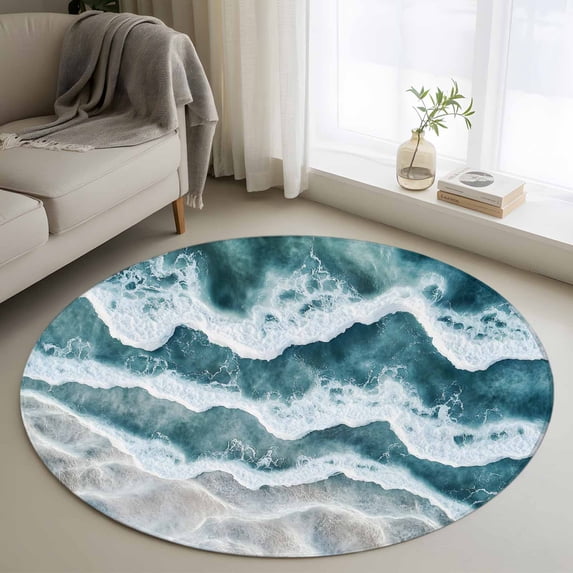 Abstract Beach Wave Round Rugs for Living Room 4ft Watercolor Blue Ocean Non Slip Circle Rug Washable Low-Profile Indoor Carpet for Bedroom, Dining Room, Bathroom