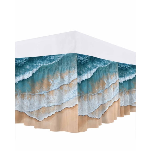 Abstract Beach Wave Ruffle Bed Skirt California King Size Watercolor Blue Ocean Sand Adjustable Elastic Dust Bed Skirts Wrap Around Bedskirt Wrinkle Free Easy Fit with 18 Inch Drop