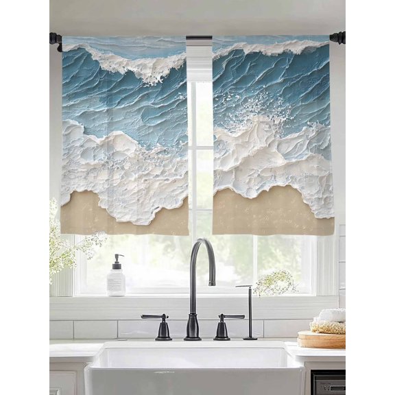 Abstract Beach Wave Sheer Curtains 45 Inches Long 2 Panels Blue Watercolor Modern Art Light Filtering Semi Sheer Window Curtains Drapes for Bedroom Living Room 52"x45"