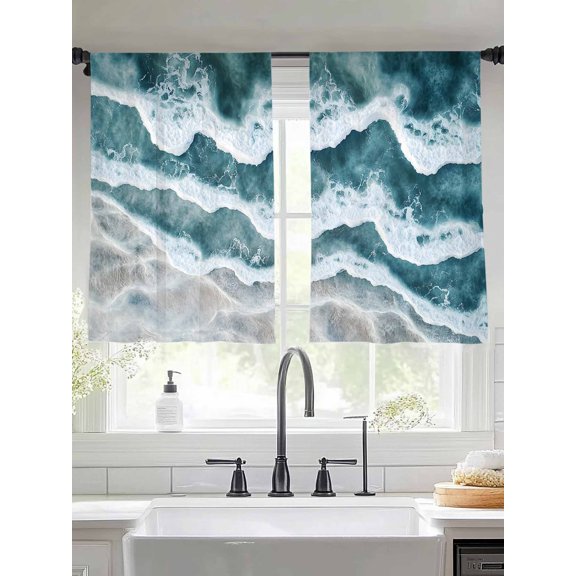Abstract Beach Wave Sheer Curtains 45 Inches Long 2 Panels Watercolor Blue Ocean Light Filtering Semi Sheer Window Curtains Drapes for Bedroom Living Room 52"x45"