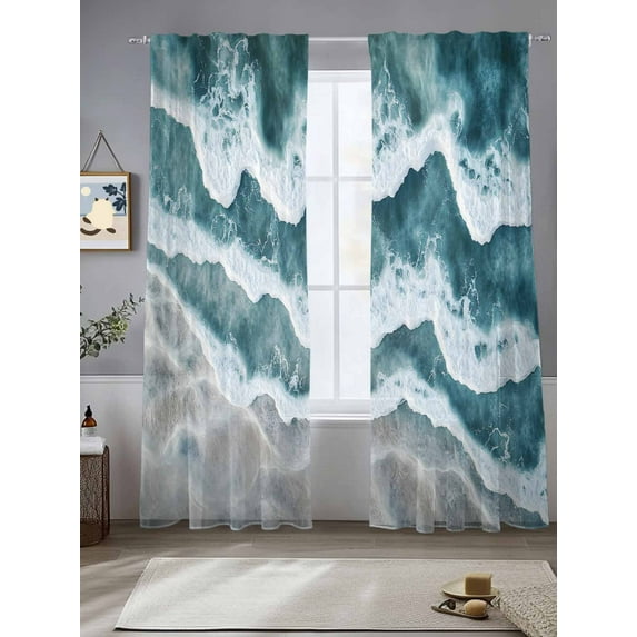 Abstract Beach Wave Sheer Curtains 96 Inches Long 2 Panels Watercolor Blue Ocean Light Filtering Semi Sheer Window Curtains Drapes for Bedroom Living Room 52"x96"
