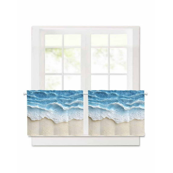 Abstract Beach Wave Short Blackout Curtains 30 Inch Long Watercolor Blue Ocean Decor Rod Pocket Kitchen Curtains, 2 Panels Thermal Insulated Room Darkening Drapes for Bedroom, 42"W x 30"L
