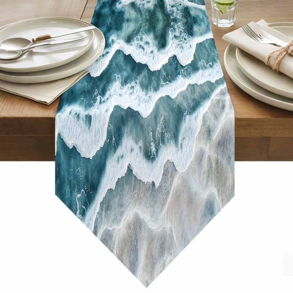 Abstract Beach Wave Table Runner 90 Inches Long Watercolor Blue Ocean Table Runners for Dining Room Tabletop Dresser Scarf Home Party Banquet Wedding Holiday Decoration