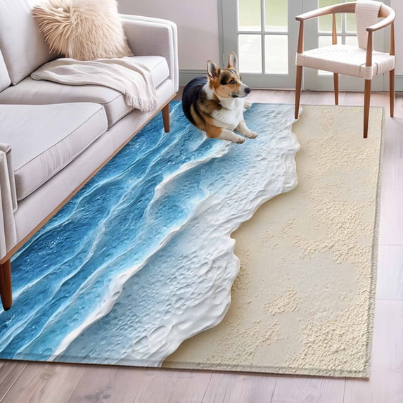 Abstract Beach Wave Washable Area Rugs 4'x6', Watercolor Blue Ocean Decor Low Pile Throw Living Room Rug Non-Slip Sturdy Edge Binding Carpet for Indoor Entryway Bedside Kitchen