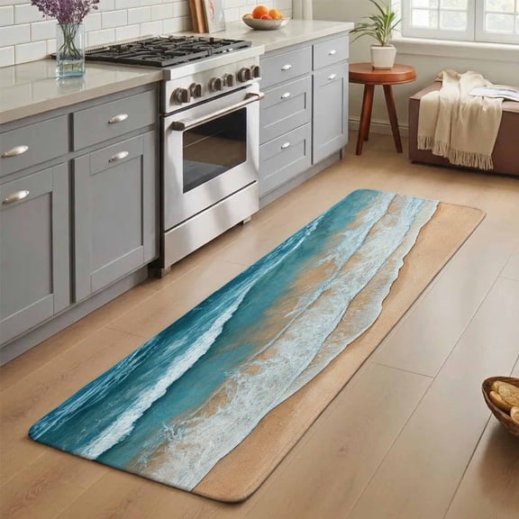 Abstract Beach Wave Washable Runner Rug 3X7 ft Watercolor Blue Ocean Sand Non-Slip Hallway Runner Rug, Linen Kitchen Runner Mats, Indoor Floor Carpet for Entryway Bathroom Bedroom Living Room