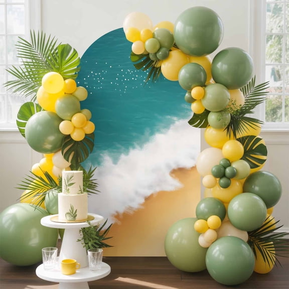 Abstract Beach Waves Arch Backdrop Cover, 7.2FT, Blue Yellow Sand Spandex Arch Covers Double-Sided Backdrop for Wedding Birthday Party Photo Background Decoration
