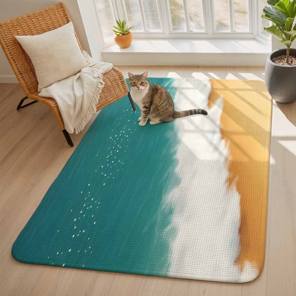 Abstract Beach Waves Area Rugs for Living Room 5x6, Blue Yellow Sand Washable Area Rug with Non Slip Backing, Stain Resist Linen Carpet for Bedroom, Dining Room, Entryway, Entrance