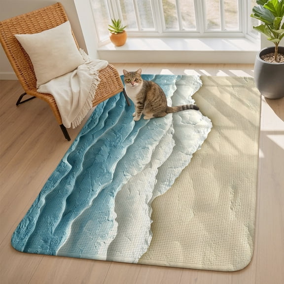 Abstract Beach Waves Area Rugs for Living Room 5x6, Watercolor Blue Ocean Sand Washable Area Rug with Non Slip Backing, Stain Resist Linen Carpet for Bedroom, Dining Room, Entryway, Entrance