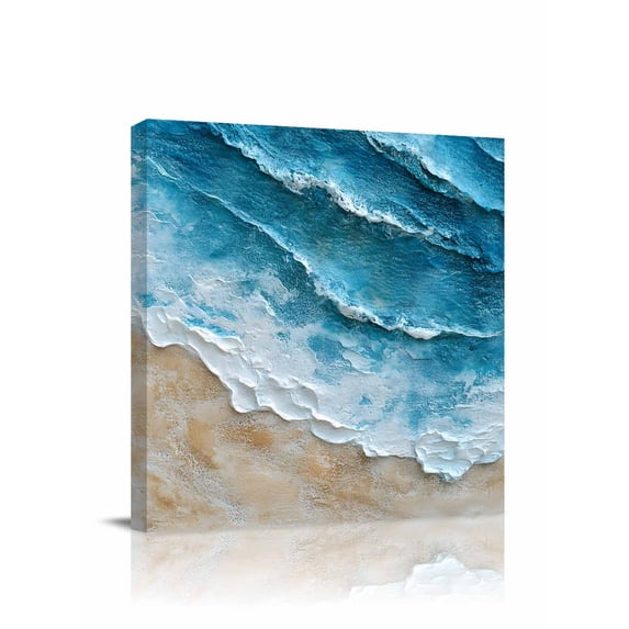 Abstract Beach Waves Canvas Wall Art, Watercolor Blue Ocean Framed Wall Decor Modern Artwork Prints Painting for Living Room, Bedroom, Kitchen & Cafe Decor 8x8 Inch