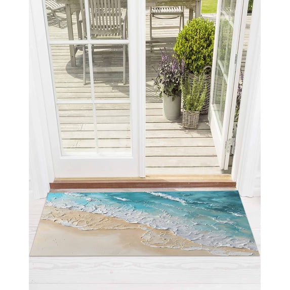 Abstract Beach Waves Front Door Mat Blue Watercolor Modern Art Welcome Doormat Indoor Outdoor Entrance Floor Mat Non-Slip Washable Runner Rug for Front Porch Decor 20x63 Inch