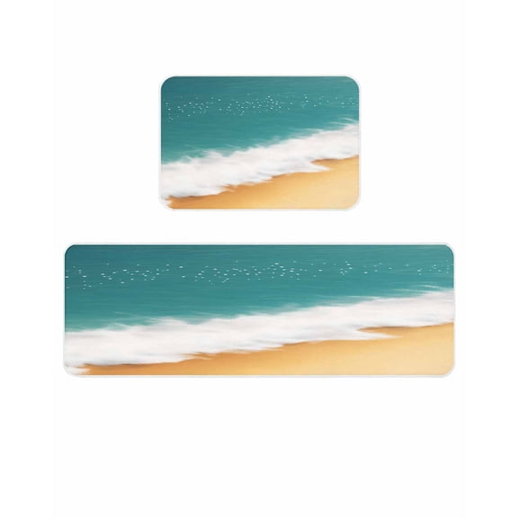 Abstract Beach Waves Kitchen Mats for Floor 2 Piece, Blue Yellow Sand Absorbent Non-Slip Kitchen Rugs Comfort Standing Mat for Laundry, Hallways 20"x24"+20"x48"